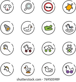 line vector icon set - dog vector, bacteria, no cart horse road sign, sea turtle, shell, duck toy, crocodile, rocking, stick, wheel, elephant, bear, unicorn