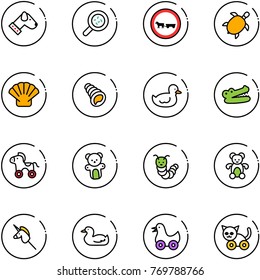 line vector icon set - dog vector, bacteria, no cart horse road sign, sea turtle, shell, duck toy, crocodile, wheel, bear, caterpillar, unicorn stick, cat