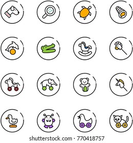 line vector icon set - dog vector, bacteria, sea turtle, shell, dolphin, crocodile, rocking horse, stick toy, wheel, elephant, bear, unicorn, duck, monster, cat