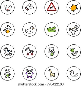 line vector icon set - dog vector, wild animals road sign, sea turtle, dolphin, duck toy, crocodile, dinosaur, rocking horse, wheel, bear, caterpillar, monster, giraffe