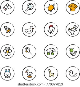 line vector icon set - dog vector, bacteria, sea turtle, shell, duck toy, chicken, dinosaur, bear, horse stick, elephant wheel, caterpillar, rabbit, giraffe