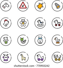 line vector icon set - dog vector, wild animals road sign, sea turtle, shell, chicken toy, bear, rocking horse, wheel, caterpillar, rabbit, duck, monster, giraffe, cat