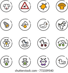 line vector icon set - dog vector, wild animals road sign, sea turtle, shell, dolphin, duck toy, dinosaur, bear, rocking horse, wheel, elephant, monster