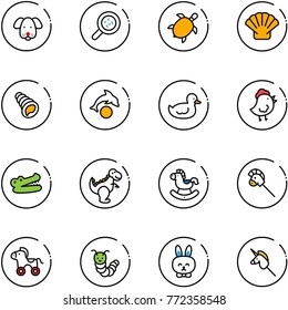 line vector icon set - dog vector, bacteria, sea turtle, shell, dolphin, duck toy, chicken, crocodile, dinosaur, rocking horse, stick, wheel, caterpillar, rabbit, unicorn