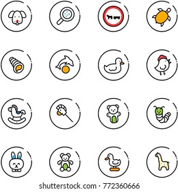 line vector icon set - dog vector, bacteria, no cart horse road sign, sea turtle, shell, dolphin, duck toy, chicken, rocking, stick, bear, caterpillar, rabbit, giraffe