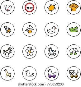 line vector icon set - dog vector, no cart horse road sign, sea turtle, shell, dolphin, duck toy, crocodile, dinosaur, bear, rocking, elephant wheel, giraffe, cat