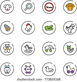 line vector icon set - dog vector, bacteria, no cart horse road sign, shell, chicken toy, crocodile, dinosaur, bear, rocking, elephant wheel, caterpillar, rabbit, monster, duck