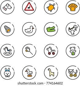 line vector icon set - dog vector, wild animals road sign, sea turtle, shell, duck toy, crocodile, dinosaur, rocking horse, stick, wheel, bear, rabbit, giraffe, cat