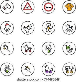 line vector icon set - dog vector, wild animals road sign, no cart horse, shell, chicken toy, dinosaur, bear, rocking, stick, wheel, caterpillar, unicorn, duck, cat