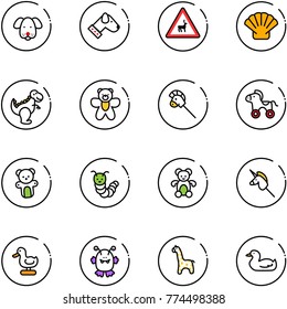 line vector icon set - dog vector, wild animals road sign, shell, dinosaur toy, bear, horse stick, wheel, caterpillar, unicorn, duck, monster, giraffe