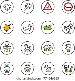 line vector icon set - dog vector, bacteria, wild animals road sign, no cart horse, sea turtle, duck toy, crocodile, dinosaur, bear, rocking, elephant wheel, rabbit, cat