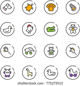 line vector icon set - dog vector, sea turtle, shell, duck toy, chicken, crocodile, bear, horse stick, elephant wheel, unicorn, monster, giraffe