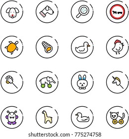 line vector icon set - dog vector, bacteria, no cart horse road sign, sea turtle, shell, duck toy, chicken, stick, elephant wheel, rabbit, unicorn, monster, giraffe, cat
