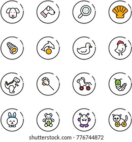 line vector icon set - dog vector, bacteria, shell, dolphin, duck toy, chicken, dinosaur, horse stick, wheel, caterpillar, rabbit, bear, monster, cat