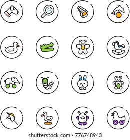 line vector icon set - dog vector, bacteria, shell, dolphin, duck toy, crocodile, bear, rocking horse, elephant wheel, caterpillar, rabbit, unicorn stick, monster