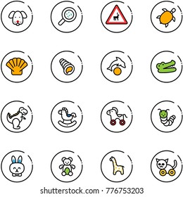 line vector icon set - dog vector, bacteria, wild animals road sign, sea turtle, shell, dolphin, crocodile, dinosaur toy, rocking horse, wheel, caterpillar, rabbit, bear, giraffe, cat