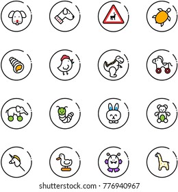 line vector icon set - dog vector, wild animals road sign, sea turtle, shell, chicken toy, dinosaur, wheel horse, elephant, caterpillar, rabbit, bear, unicorn stick, duck, monster, giraffe