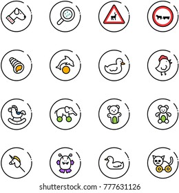 line vector icon set - dog vector, bacteria, wild animals road sign, no cart horse, shell, dolphin, duck toy, chicken, rocking, elephant wheel, bear, unicorn stick, monster, cat