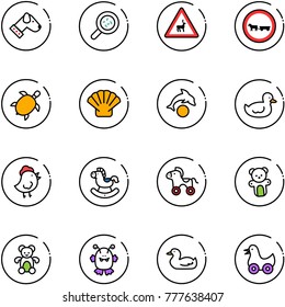 line vector icon set - dog vector, bacteria, wild animals road sign, no cart horse, sea turtle, shell, dolphin, duck toy, chicken, rocking, wheel, bear, monster