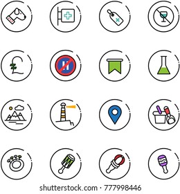 line vector icon set - dog vector, first aid room, medical label, no alcohol sign, pound, parking even road, flag, flask, mountains, lighthouse, navigation pin, shovel bucket, beanbag