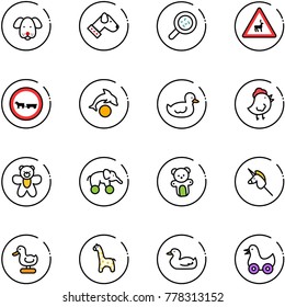 line vector icon set - dog vector, bacteria, wild animals road sign, no cart horse, dolphin, duck toy, chicken, bear, elephant wheel, unicorn stick, giraffe