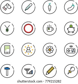 line vector icon set - dog vector, thermometer, carrot, eggplant, yen, prohibition road sign, hot tea, piggy bank, mobile, star man, flower, joystick wireless, hammer, fine signal, pencil, oiler