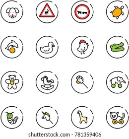 line vector icon set - dog vector, wild animals road sign, no cart horse, sea turtle, dolphin, duck toy, chicken, crocodile, bear, rocking, stick, elephant wheel, caterpillar, unicorn, giraffe, cat