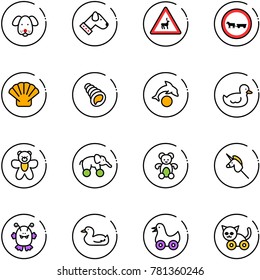 line vector icon set - dog vector, wild animals road sign, no cart horse, shell, dolphin, duck toy, bear, elephant wheel, unicorn stick, monster, cat