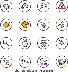 line vector icon set - dog vector, bacteria, wild animals road sign, sea turtle, shell, dolphin, horse stick toy, rabbit, bear, unicorn, duck, cat