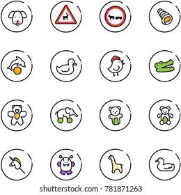 line vector icon set - dog vector, wild animals road sign, no cart horse, shell, dolphin, duck toy, chicken, crocodile, bear, elephant wheel, unicorn stick, monster, giraffe