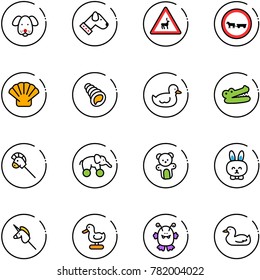 line vector icon set - dog vector, wild animals road sign, no cart horse, shell, duck toy, crocodile, stick, elephant wheel, bear, rabbit, unicorn, monster