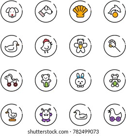 line vector icon set - dog vector, shell, dolphin, duck toy, chicken, bear, horse stick, wheel, rabbit, monster