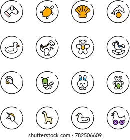 line vector icon set - dog vector, sea turtle, shell, dolphin, duck toy, dinosaur, bear, rocking horse, stick, caterpillar, rabbit, unicorn, giraffe