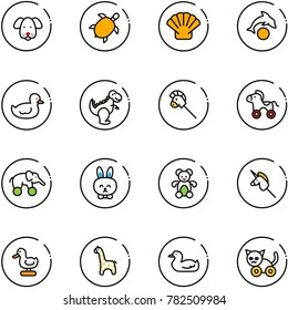 line vector icon set - dog vector, sea turtle, shell, dolphin, duck toy, dinosaur, horse stick, wheel, elephant, rabbit, bear, unicorn, giraffe, cat