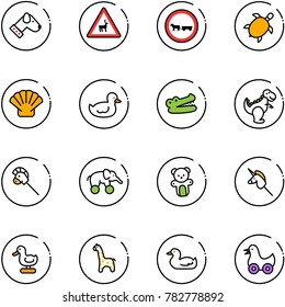 line vector icon set - dog vector, wild animals road sign, no cart horse, sea turtle, shell, duck toy, crocodile, dinosaur, stick, elephant wheel, bear, unicorn, giraffe