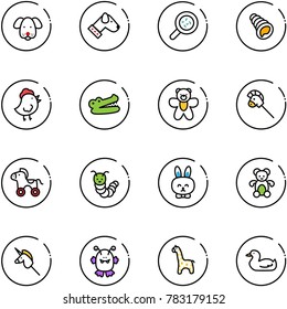 line vector icon set - dog vector, bacteria, shell, chicken toy, crocodile, bear, horse stick, wheel, caterpillar, rabbit, unicorn, monster, giraffe, duck