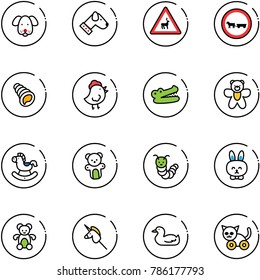 line vector icon set - dog vector, wild animals road sign, no cart horse, shell, chicken toy, crocodile, bear, rocking, caterpillar, rabbit, unicorn stick, duck, cat
