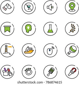 line vector icon set - dog vector, no alcohol sign, low volume, map pin, flag, head bulb, flask, golden branch, lighthouse, cruiser, mouse wireless, beanbag, shovel bucket