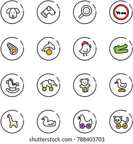 line vector icon set - dog vector, bacteria, no cart horse road sign, shell, dolphin, chicken toy, crocodile, rocking, elephant wheel, bear, duck, giraffe, cat