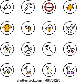 line vector icon set - dog vector, bacteria, no cart horse road sign, sea turtle, shell, dolphin, dinosaur toy, bear, rocking, stick, wheel, elephant, duck, giraffe