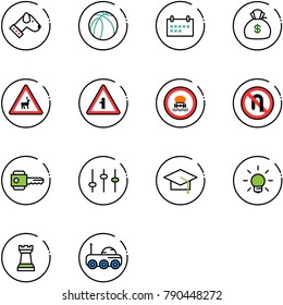 line vector icon set - dog vector, basketball ball, schedule, money bag, wild animals road sign, intersection, no dangerous cargo, turn back, key, settings, graduate hat, bulb, chess tower