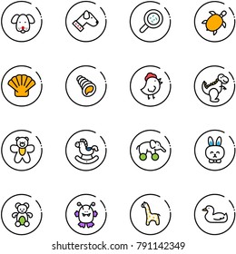 line vector icon set - dog vector, bacteria, sea turtle, shell, chicken toy, dinosaur, bear, rocking horse, elephant wheel, rabbit, monster, giraffe, duck