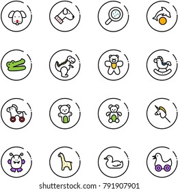 line vector icon set - dog vector, bacteria, dolphin, crocodile, dinosaur toy, bear, rocking horse, wheel, unicorn stick, monster, giraffe, duck