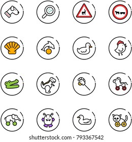 line vector icon set - dog vector, bacteria, wild animals road sign, no cart horse, shell, dolphin, duck toy, chicken, crocodile, dinosaur, stick, wheel, elephant, monster, cat