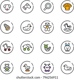 line vector icon set - dog vector, bacteria, shell, duck toy, bear, rocking horse, wheel, elephant, caterpillar, rabbit, monster
