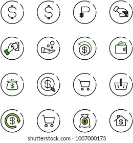 line vector icon set - dollar sign vector, ruble, card pay, cash, money back, wallet, purse, click, cart, basket, reload, bag, home