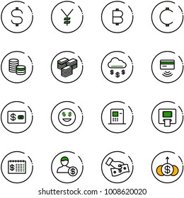 line vector icon set - dollar sign vector, yen, bitcoin, cent, coin, big cash, money rain, tap pay, credit card, smile, atm, finance calendar, account, growth