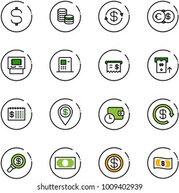 line vector icon set - dollar sign vector, coin, exchange, euro, atm, receipt, finance calendar, pin, wallet time, reload, search money