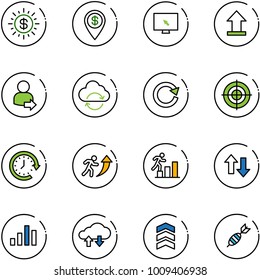 line vector icon set - dollar sun vector, pin, monitor cursor, uplooad, user login, refresh cloud, reload, target, clock around, career, up down arrows, chart, exchange data, chevron, dart