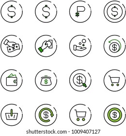 line vector icon set - dollar sign vector, ruble, coin, cash pay, money back, wallet, purse, click, cart, basket, reload